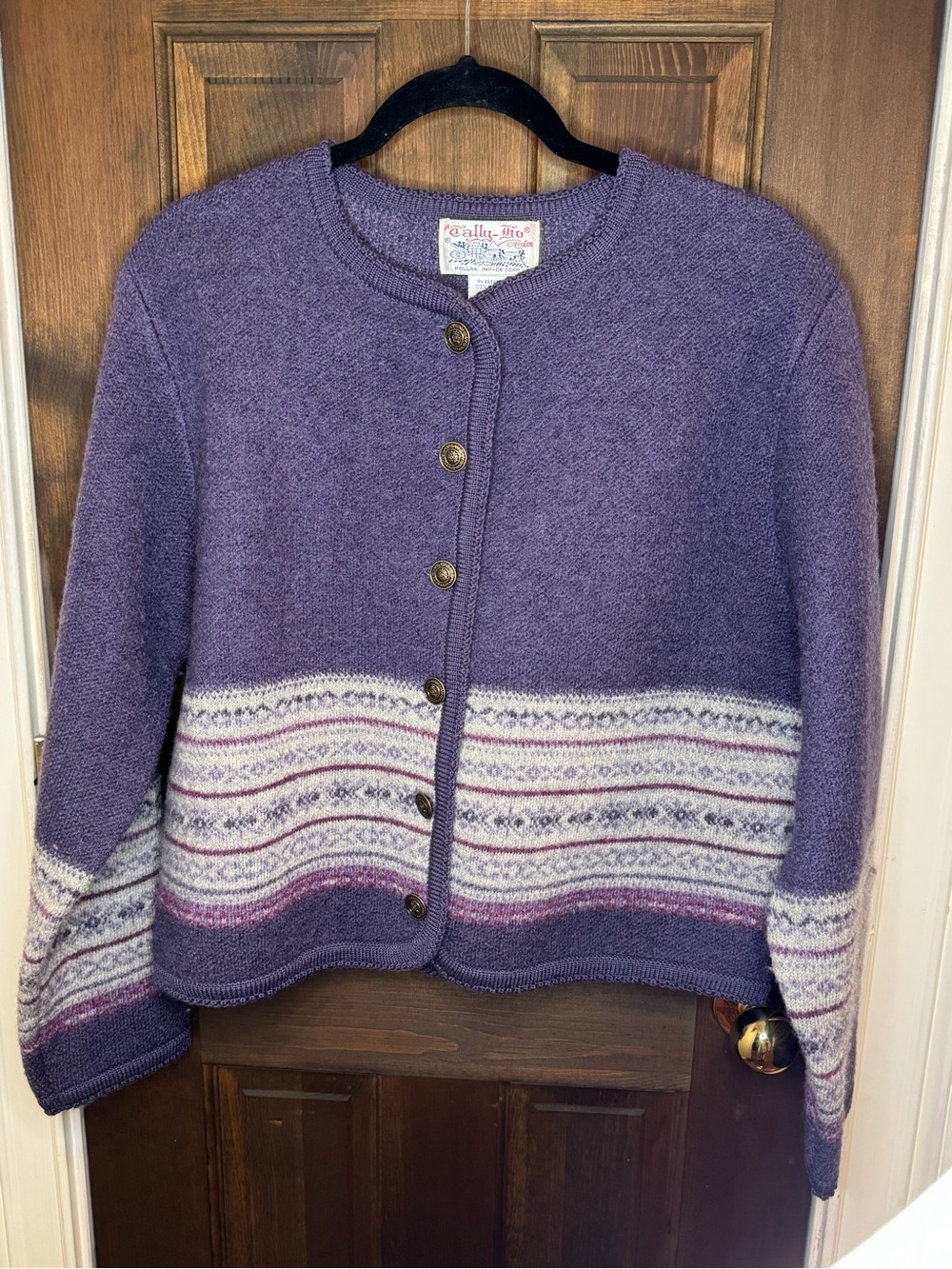 Vintage Tally Ho 100% Wool Nordic Fair Isle Cardigan PL Purple